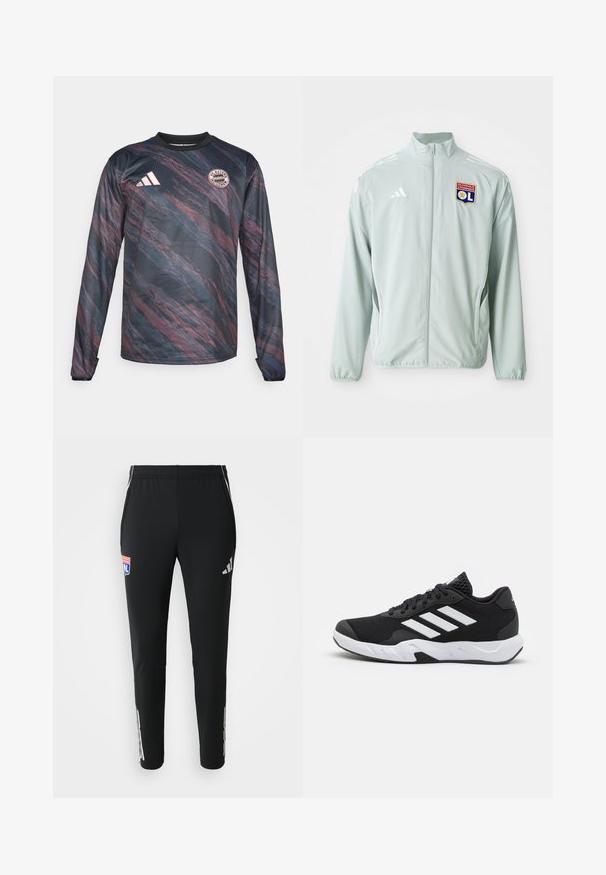 Giacca atletica verde chiaro con colletto alto, caratterizzata da strisce bianche adidas e un logo dell'Olympique Lione sul lato sinistro del petto.; Maglia a maniche lunghe in blu scuro e granata con un motivo ondulato e testurizzato. Presenta un colletto nero e il logo dell'FC Bayern Monaco sul petto.; Pantaloni sportivi neri con una vestibilità slim. Presentano il logo grigio di Adidas sui lati e un emblema colorato della squadra sul davanti. Realizzati in tessuto liscio e elasticizzato.; Scarpe da ginnastica nere con una tomaia in mesh texturizzata, strisce bianche di accento, suola imbottita e tallone rinforzato per supporto.