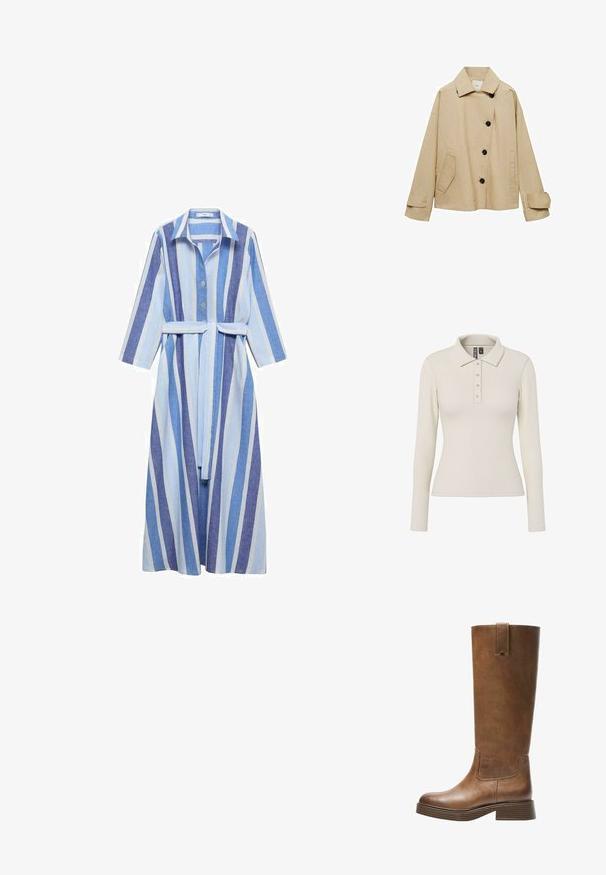 Beige cotton jacket featuring a wide collar, long sleeves, black buttons, and a front pocket; relaxed fit and minimal seams.; Long-sleeve polo shirt in off-white ribbed fabric with a collared neckline and five metallic buttons down the front. Fitted design.; Long, button-up dress in light blue and white vertical stripes, featuring a belted waist and 3/4 length sleeves. Made of a lightweight fabric.; Brown leather knee-high boot with a rounded toe, textured surface, and a stacked low heel. Features a side panel and pull tab at the top.; Brown suede handbag with large circular cutouts and metallic accents. Pronounced hobo shape with a single shoulder strap, smooth texture.