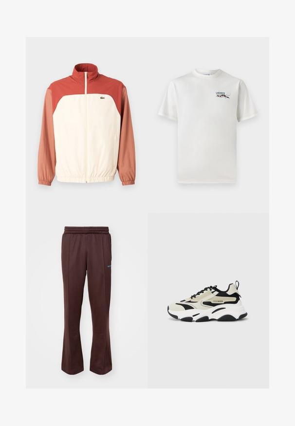 Windbreaker jacket in cream with red-brown sleeves, front zipper, high collar, elasticated cuffs, and subtle logo accent on the chest.; White cotton T-shirt with a round neckline, short sleeves, and a small embroidered logo featuring mountains and text on the left chest.; Brown athletic pants with a flared design, made of soft fabric, featuring an elastic waistband and light blue logo accent on the side.; Chunky sneaker with a beige and black mesh upper, white midsole, black rubber outsole, and logo detailing on the side.