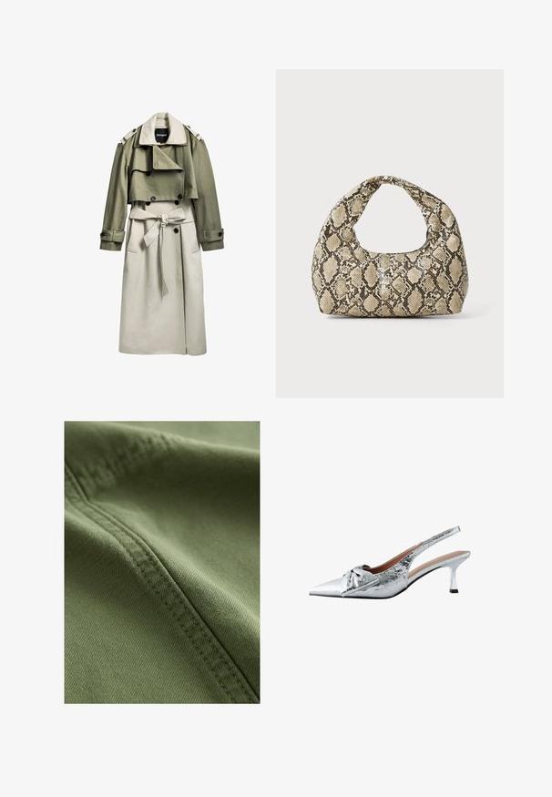 Khaki og beige trench coat med dobbeltradet front, bælte, cropped toplag og epauletter. Fremstillet af et glat stof.; Beige, off-shoulder top med draperet stof og let glans; parret med højtaljede, lyse denim jeans. Glat tekstur, afslappet pasform.; Next Denimshorts - khaki green; Sølv slingback hæle med spidse tæer, tekstureret metallisk finish og en dekorativ sløjfe. Har en slank kitten hæl.; Slangeprint håndtaske med et buet håndtag. Lavet af strukturerede, beige og brune materialer, med et karakteristisk diamantmønster.