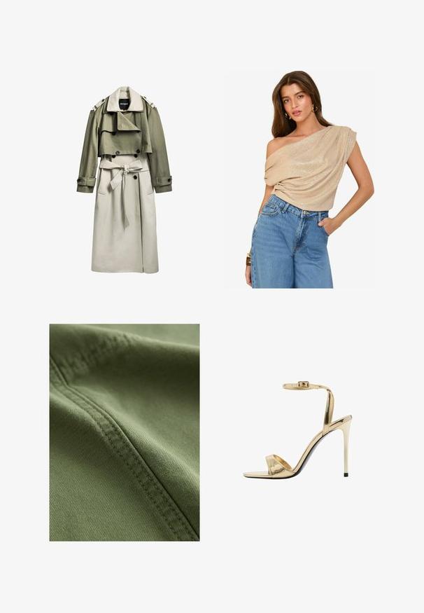 Khaki en beige trenchcoat met een dubbele knopenrij aan de voorkant, riem, kort bovenste gedeelte en epauletten. Gemaakt van een soepele stof.; Beige, off-shoulder top met gedrapeerde stof en lichte glans; gecombineerd met high-waisted, lichtgewassen denim jeans. Soepele textuur, relaxte pasvorm.; Next Jeansshort - khaki green; Metallisch gouden hoge hak sandaal met een enkelsluiting, open teen ontwerp, glanzende afwerking en een slanke stilettohak. Zwarte zoolaccent.