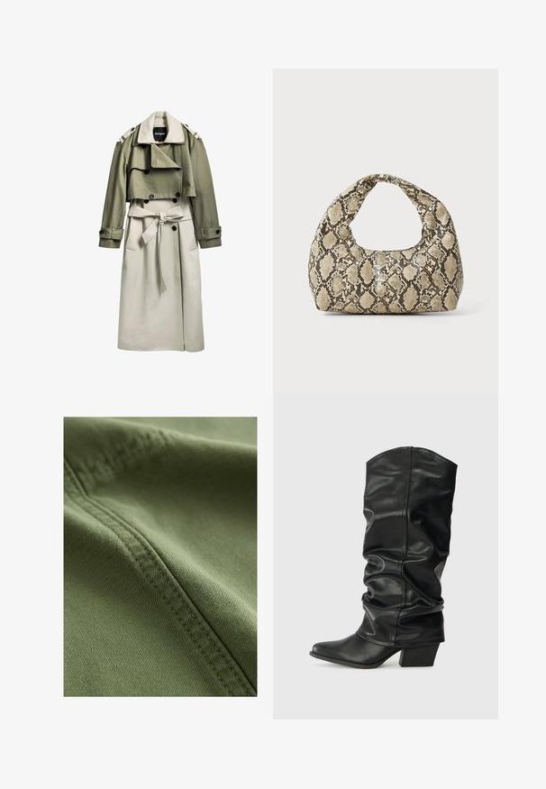 Khakifarbener und beiger Trenchcoat mit einem doppelt geknöpften Vorderteil, Gürtel, verkürzter oberer Lage und Schulterklappen. Hergestellt aus einem glatten Stoff.; Beige, schulterfreies Oberteil mit drapiertem Stoff und leichtem Schimmer; kombiniert mit hochtaillierten, hellblauen Jeans. Weiche Textur, lässige Passform.; Next Jeans Shorts - khaki green; Schwarze Lederstiefel bis zum Knie mit einem rüschigen Design, spitzem Zehenbereich und breitem Absatz, mit glatter Texture und minimaler Naht.; Schlangenmuster-Tasche mit einem gebogenen Griff. Hergestellt aus strukturierten, beige- und braunfarbenen Materialien, die ein markantes Diamantmuster aufweisen.