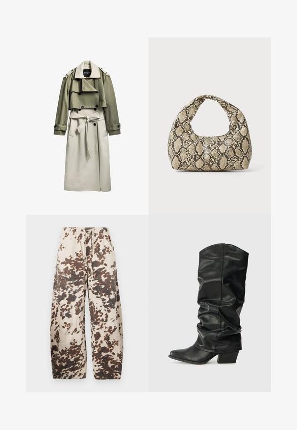 Trench coat color khaki e beige con doppio petto, cintura, strato superiore corto ed epaulette. Realizzato in un tessuto morbido.; Top beige con spalline scoperte, realizzato in tessuto drappeggiato e con una leggera lucentezza; abbinato a jeans in denim chiaro a vita alta. Texture liscia, vestibilità comoda.; Pantaloni larghi in misto cotone color beige con una fantasia a macchie marroni. Presentano una vita elasticizzata e due tasche laterali.; Stivali neri in pelle, alti fino al ginocchio, con design morbido, punta affusolata e tacco spesso, caratterizzati da una texture liscia e cuciture minime.; Borsa a stampa rettile con manico curvo. Realizzata in materiali testurizzati beige e marroni, presenta un distintivo motivo a rombi.