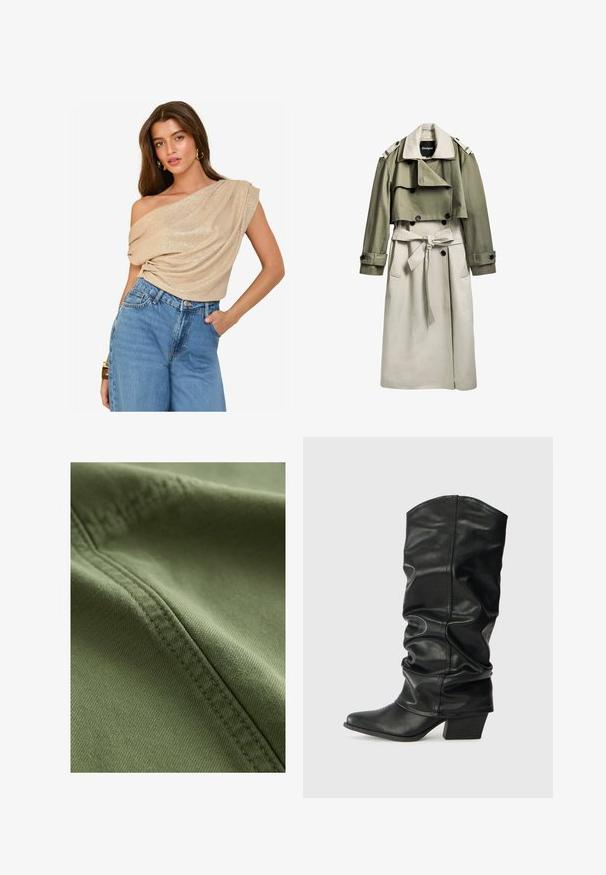 Kaki ir smėlio spalvos puspaltis, turintis dvigubą užsegimą, diržą, trumpą viršutinį sluoksnį ir petišus. Pagamintas iš lygaus audinio.; Šviesiai rudas, per petį krentantis marškinėlis su laisvai krentančia medžiaga ir švelniu blizgesiu; derinamas su aukštu liemeniu, šviesaus denim užeiti. Sklandži tekstūra, laisvas siluetas.; Next Džinsiniai šortai - khaki green; Juoda oda iki kelių siekianti avalynė su susilpnintu dizainu, smailu priekiniu galu ir masyviu kulnu, pasižyminti lygiu paviršiumi ir minimaliais siūlių akcentais.