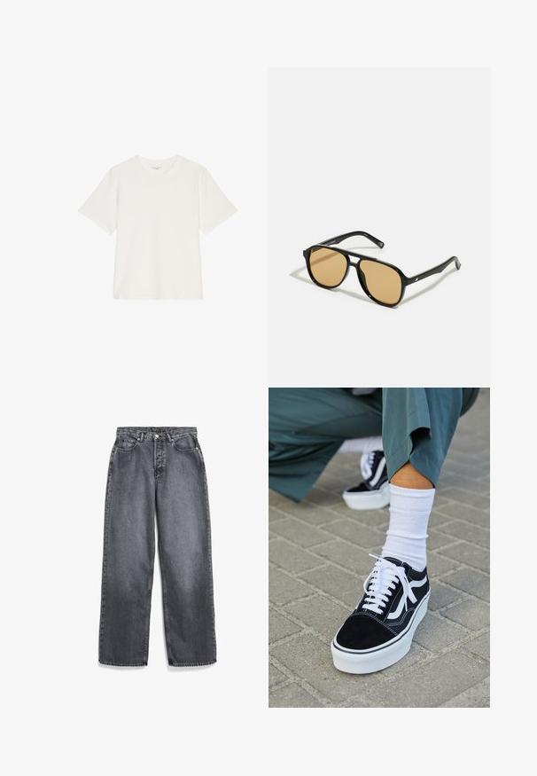 Khaki en beige trenchcoat met een dubbele knopenrij aan de voorkant, riem, kort bovenste gedeelte en epauletten. Gemaakt van een soepele stof.; Marc O'Polo DENIM T-shirt basic - silky white; Wijde grijze denim jeans met een knopen- en ritssluiting, voorzien van vier zakken en een vervaagde afwerking. Eenvoudige lijnen en een strakke uitstraling.; Zwarte suède sneaker met witte accenten en veters, uitgerust met een dikke witte zool en contrasterende stiksels, gecombineerd met een witte sok.; Zwarte zonnebril met bruin getinte lenzen; rechthoekige vorm met een dikke rand, inclusief subtiele hardware accenten op de veertjes.; Groene geweven leren handtas met een klep-sluiting, gouden kettinghengsel en een gladde textuur. Heeft een gestructureerde rechthoekige vorm.