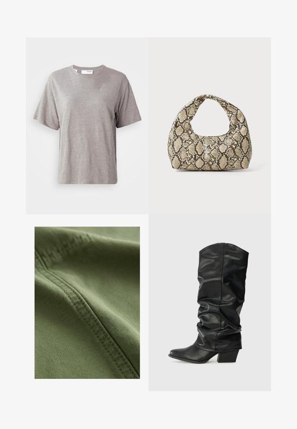 Khakifarbener und beiger Trenchcoat mit einem doppelt geknöpften Vorderteil, Gürtel, verkürzter oberer Lage und Schulterklappen. Hergestellt aus einem glatten Stoff.; Helles graues Kurzarm-T-Shirt aus weichem Stoff, mit rundem Ausschnitt und lockerer Passform, ohne auffällige Muster oder Akzente.; Next Jeans Shorts - khaki green; Schwarze Lederstiefel bis zum Knie mit einem rüschigen Design, spitzem Zehenbereich und breitem Absatz, mit glatter Texture und minimaler Naht.; Schlangenmuster-Tasche mit einem gebogenen Griff. Hergestellt aus strukturierten, beige- und braunfarbenen Materialien, die ein markantes Diamantmuster aufweisen.