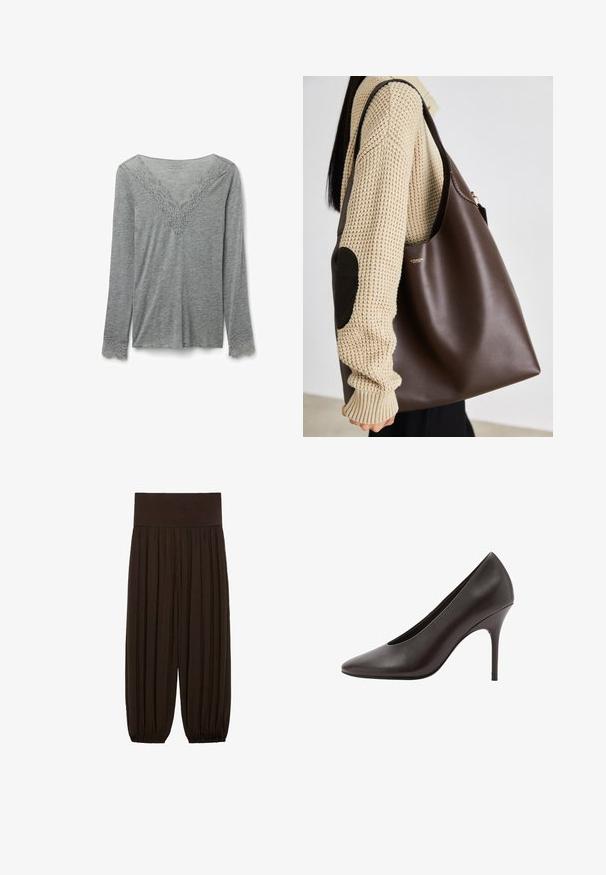 Khaki en beige trenchcoat met een dubbele knopenrij aan de voorkant, riem, kort bovenste gedeelte en epauletten. Gemaakt van een soepele stof.; Grijze lange mouw top van zachte stof, voorzien van een V-hals met ingewikkelde kantafwerking en kantaccenten op de mouwen.; Bruine geplooide broek met een brede, elastische tailleband. De stof is lichtgewicht en gestructureerd, met gatherse randen bij de boorden.; Zwarte leren pumps met spitse neus en hoge hak, met een slanke stilettohak en een gladde afwerking, zijaanzicht.; Bruine leren tote bag met een ruime indeling. Kenmerkt zich door een gladde textuur en een subtiele gouden logo. Gekoeld met een crèmekleurige gebreide trui.