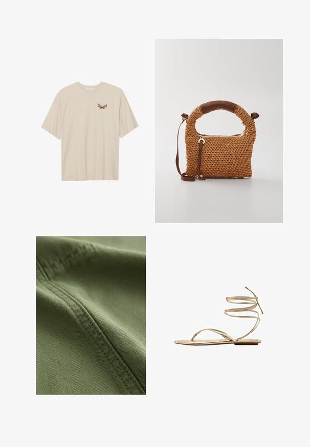 Kačkast i bež trench kaput s dvostrukim kopčanjem, remenom, skraćenom gornjom sloju i epauletima. Izrađen od glatkog materijala.; Bež majica od pamuka s kratkim rukavima, na kojoj se nalazi mali smeđi grafički prikaz krila i natpis "SLEEPY CLUB" na prsima.; Next Kratke hlače od trapera - khaki green; Zlatne ravne sandale s tankim spiralnim remenovima oko gležnja, otvorenim prstima i minimalističkom đonom. Imaju glatku, metalik završnicu.; Smeđa pletena torba s okruglom drškom. Ima zatvaranje na patentni zatvarač i podesivu traku, s kožnim detaljem na dršci.