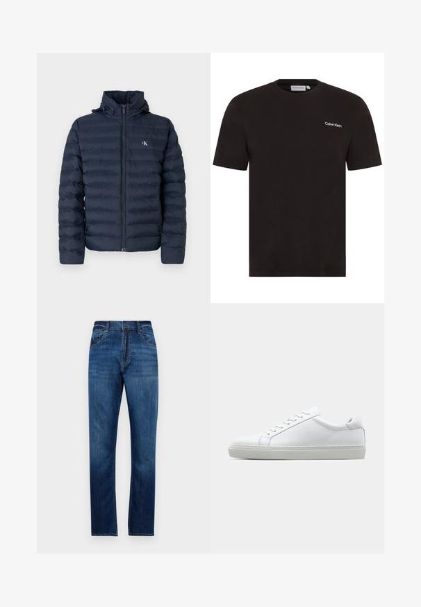 Granatowa kurtka puchowa z pikowanym wzorem, pełnym zamkiem błyskawicznym i kapturem. Posiada małe logo na klatce piersiowej oraz teksturowany materiał.; Czarna koszulka z krótkim rękawem wykonana z bawełny. Posiada okrągły dekolt i małe białe logo "Calvin Klein" na lewej piersi.; Niebieskie dżinsy o prostym kroju z pięcioma kieszeniami, szlufkami na pasek i zapięciem na guzik, wyeksponowane na jednolitym białym tle.; Białe sneakersy z gładką skórzaną cholewką i niskim profilem. Posiadają okrągły nos, sześć dziurek na sznurówki oraz teksturowaną gumową podeszwę.