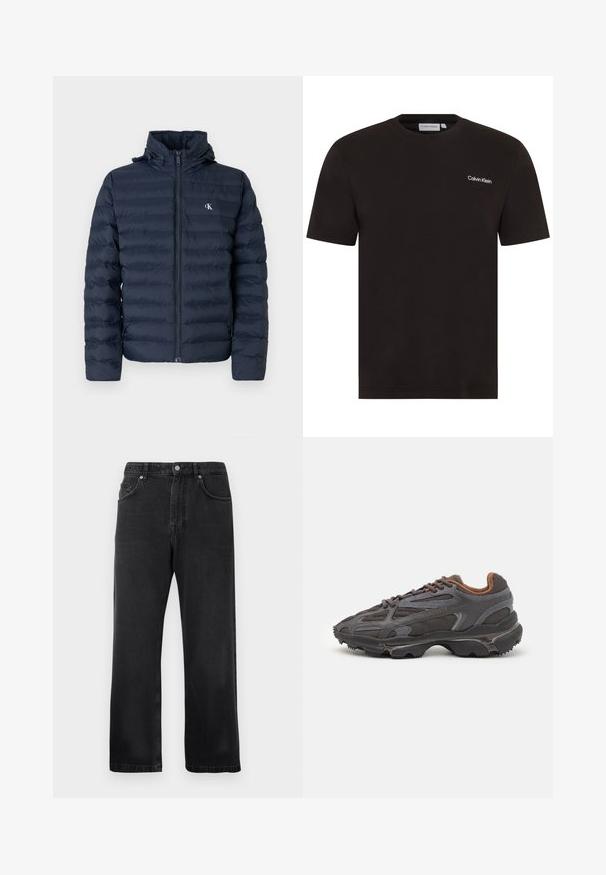 Tmavě modrá péřová bunda s prošívaným vzorem, plným zipem a kapucí. Na hrudi se nachází malé logo a materiál má texturovaný povrch.; Černé tričko s krátkým rukávem vyrobené z bavlny. Má kulatý výstřih a malé bílé logo "Calvin Klein" na levé straně hrudi.; Černé rovné džíny s předními kapsami, poutky na opasek a zapínáním na knoflík na bílém pozadí.; Sněrovací boty Lacoste v tmavě šedé barvě s síťovinou a syntetickým materiálem, prezentující texturovanou podrážku a hnědé detaily na límci a logu.