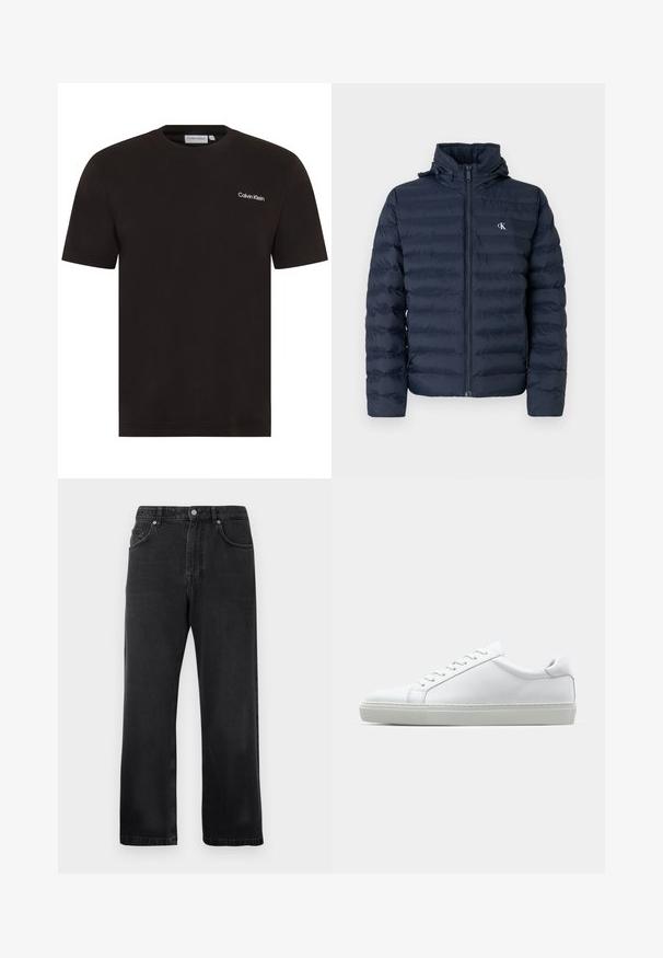Marineblå boblejakke med quiltet design, full glidelås og hette. Har en liten logo på brystet og teksturert stoff.; Svart t-skjorte med korte ermer laget av bomull. Har rund halslinning og en liten hvit "Calvin Klein" logo på venstre bryst.; Sorte strake jeans med frontlommer, beltehemper og knappelukking på hvit bakgrunn.; Hvit sneakers med en glatt skinnoverdel og lav profil. Har en rund tå, seks snøring hull, og en teksturert gummisåle.