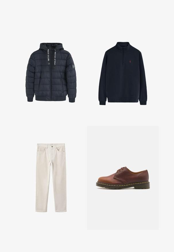 Mörkblå vadderad jacka med huva, med vertikalt quiltat mönster, två framfickor med dragkedja, ribbstickade ärmslut och logodetaljer på huvan.; Marinblå fleecetröja med halvdragkedja i kragen. Har en liten röd logotyp på bröstet samt ribbade ärmslut och nederkant. Mjuk textur.; Ljust beige bomullsjeans med rak ben, femfickdesign, metallknapstängning och subtil textur. Inga synliga mönster eller accenter.; Bruna läderskor med en slät yta, rund tå och snörning med fem öglor. Har gul söm längs sulan och en texturerad klack.