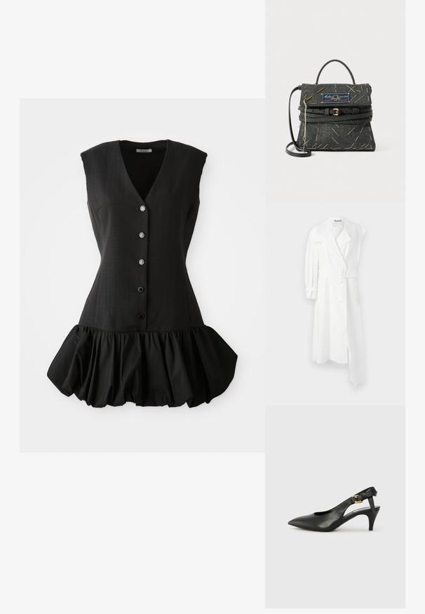 Manteau beige avec un devant à double boutonnage, taille ceinturée, large col et une longue manche. Présente une finition en tissu lisse.; Robe noire sans manches avec un décolleté en V plongeant, un devant à boutons et un ourlet à volants. Fabriquée en tissu lisse avec un corsage structuré et une texture douce.; Chaussure à talon slingback en cuir noir avec un bout pointu, un petit talon et un détail de boucle sur la bride de cheville. Texture lisse, design minimaliste.; Sac à main en denim noir avec des coutures blanches décoratives, une poignée supérieure, une sangle réglable et une boucle en ton doré. Présente une étiquette de marque.