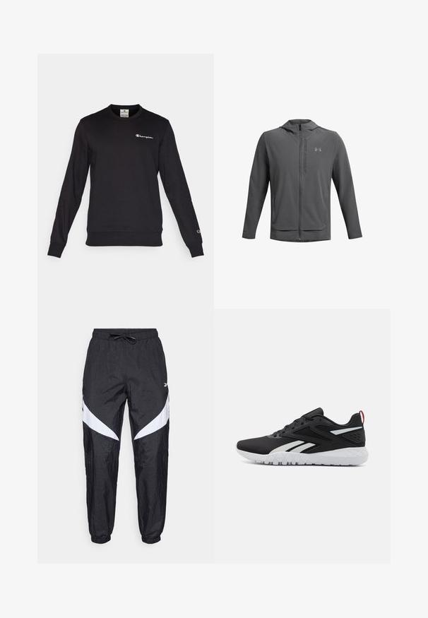 Giacca zip-up grigia con cappuccio, realizzata in materiale leggero. Presenta il logo Under Armour e due tasche frontali. Tessuto liscio, vestibilità sportiva.; Felpa nera in misto cotone con maniche lunghe, polsini a coste e scollatura a girocollo. Presenta un piccolo logo ricamato sul petto e sul polsino.; Pantaloni sportivi neri realizzati in tessuto testurizzato, con una vita regolabile tramite cordino, che presentano accenti diagonali bianchi sui lati e polsini elastici.; Scarpe sportive nere con tomaia in rete, accenti bianchi, suola testurizzata e linguetta rossa sul tallone per un tocco in più.