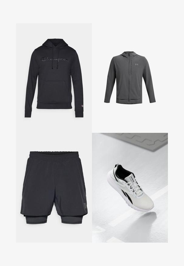 Grå zip-jacka med huva, tillverkad av lätt material. Har Under Armour-logotyp och två framfickor. Slät textur, atletisk passform.; Svart huvtröja gjord av mjukt tyg med en framficka, dragsko i huvan och "Champion"-logotyp i mörk broderi över bröstet.; Svarta sportshorts med elastiskt midjeband, lagerdesign och en åtsittande innerfoder. Har en diskret logotyp på den nedre sidan.; Ljusgrå idrottssko med svarta accenter, texturerad mesh-övre, dämpad sula och snörning. Har en hälltab för hälen.