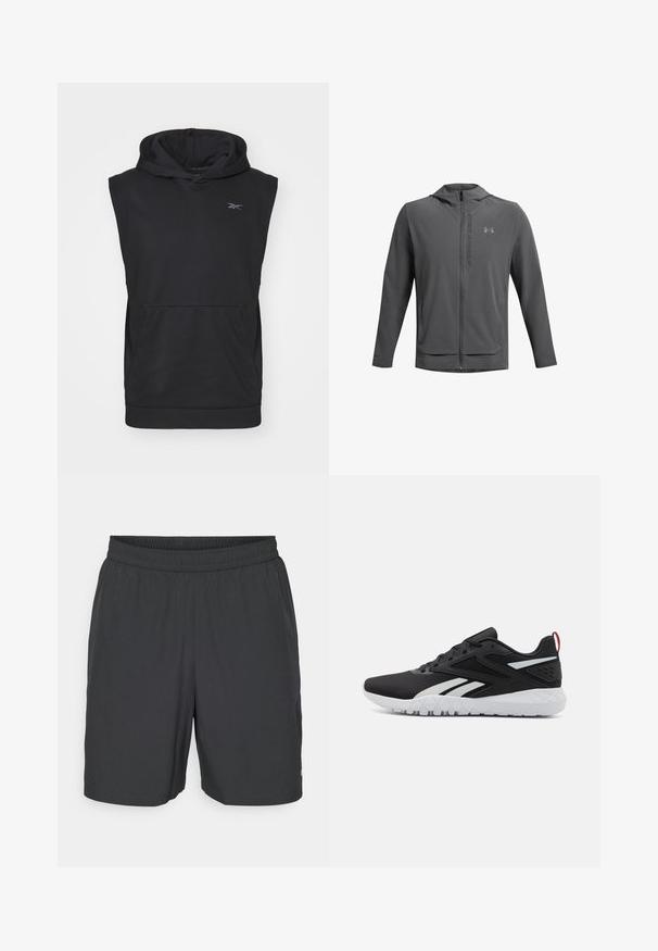 Harmaa vetoketjuhuppari, joka on valmistettu kevyestä materiaalista. Sisältää Under Armour -logon ja kaksi etutaskua. Sileä pinta, urheilullinen malli.; Mustaton ilmanhihaisella hupparilla, jossa on etupuolella kenguru-tasku ja pieni reflektiivinen logo rinnassa.; Champion TRAINING SHORTS - Urheilushortsit - black; Mustat urheilukengät, joissa on verkkopintainen, valkoiset yksityiskohdat, teksturoitu pohja ja punainen kantatuki lisäyksityiskohtana.