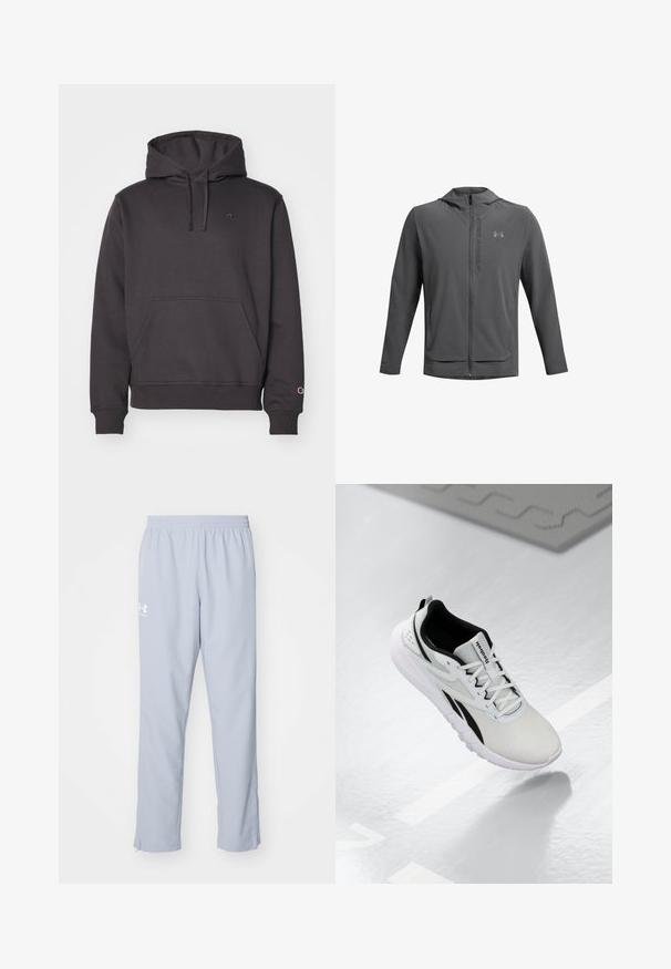 Grijze zip-up jas met een capuchon, gemaakt van lichtgewicht materiaal. Voorzien van het Under Armour-logo en twee voorzakken. Gladde textuur, atletische pasvorm.; Donkergrijze hoodie met kangoeroezak, verstelbare trekkoord en geborduurd logo op de borst en mouw. Zachte stoftextuur.; Lichtblauwe sportbroek met een elastische tailleband, zijzakken en ritsen bij de enkels. Heeft een wit logo op de linkerdij.; Lichtgrijze sportschoen met zwarte accenten, textuurmelange bovenwerk, gevoerde zool en vetersluiting. Voorzien van een treklus op de hiel.