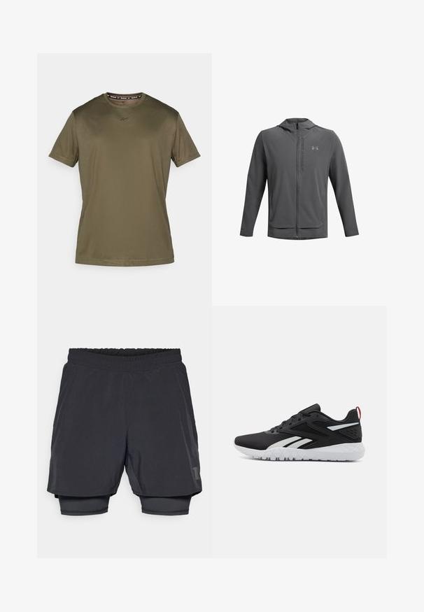 Grå zip-up jakke med hætte, lavet af letvægtsmateriale. Har Under Armour-logo og to forlommer. Glat tekstur, atletisk pasform.; Oliven grøn kortærmet t-shirt lavet af glat stof. Har en rund hals og et diskret logo på brystet, med et enkelt og strømlinet design.; Sorte atletiske shorts med elastisk talje, lagdelt design og en tætsiddende inderforing. Har et subtile logo på den nederste side.; Sorte atletiske sko med en mesh-overdel, hvide detaljer, tekstureret sål og en rød hælflap for ekstra detaljer.