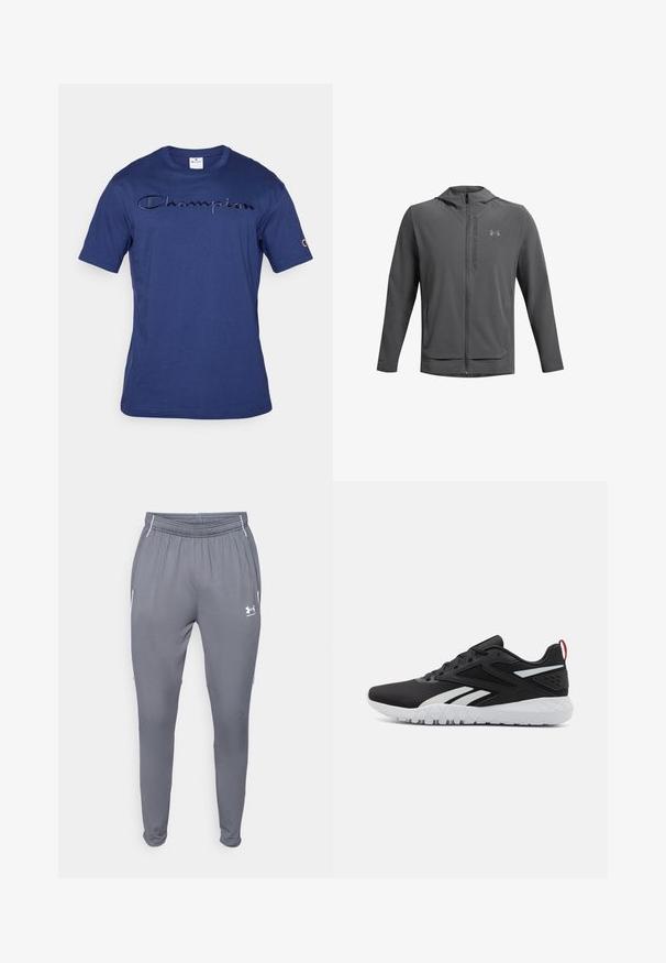 Pilkos spalvos užtrauktuku užsegamas džemperis su kapuci, pagamintas iš lengvos medžiagos. Yra "Under Armour" logotipas ir dvi priekinės kišenės. Lygus paviršius, sportiška forma.; Tamsiai mėlynas medvilninis marškinėliai su tekstūruotu "Champion" logotipu ant krūtinės ir išsiuvinėtu logotipu ant kairiojo rankovės. Trumpomis rankovėmis, apvaliu iškirpimu.; Pilkos sportinės kelnės su elastingu juosmeniu, šoninėmis kišenėmis ir baltais akcentais. Pagamintos iš lygios, lengvos medžiagos.; Juodi sportiniai batai su tinkliniu viršumi, baltais akcentais, tekstūruotu padu ir raudona kulno juostele, kuri prideda papildomų detalių.