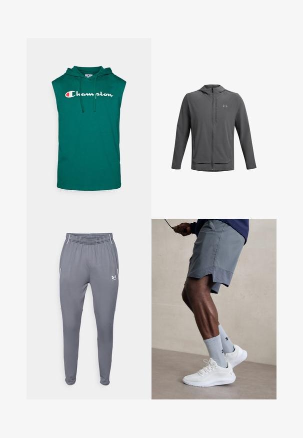 Hallharu tõmblukuga jakk, millel on kapuuts ja mis on valmistatud kerge materjali tõttu. Omab Under Armouri logo ja kahte esi-taskut. Sujuv tekstuur, sportlik lõige.; Teal värvi varrukateta kapuuts, mis on valmistatud puuvillast, esiküljel on tasku ja pael. Sõna "Champion" on valgena rinnalt väljendatud.; Hallid hallid spordipüksid elastse vöökoha, küljetaskute ja valgete detailidega. Valmistatud siledast, kergest materjalist.; Valged spordijalatsid tekstuurse võrguga pealispinnaga, millele on lisatud helesinised ribakujulised sokid logoga. Hallid spordilühikesed püksid, millel on perforeeritud ääred.