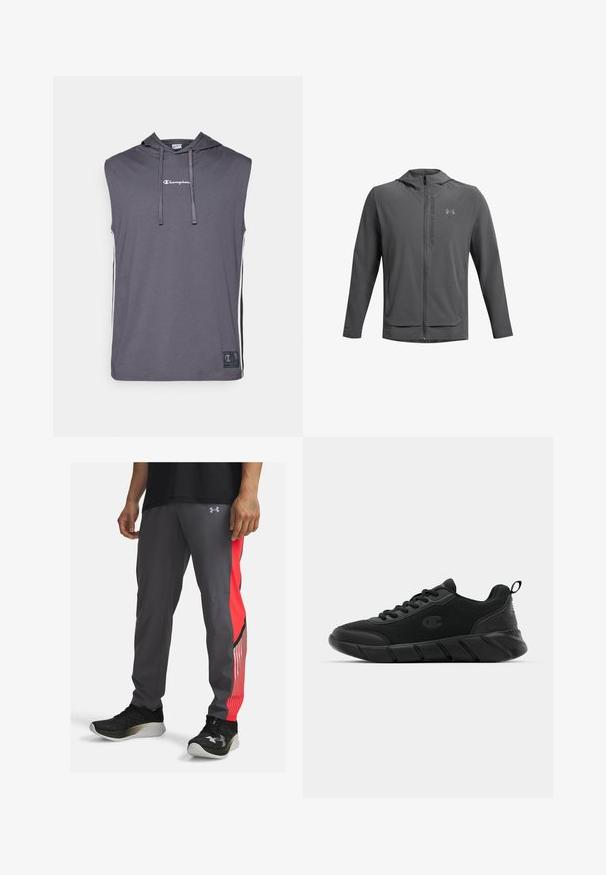 Grå zip-jacka med huva, tillverkad av lätt material. Har Under Armour-logotyp och två framfickor. Slät textur, atletisk passform.; Champion SLEEVELESS HOODIE - T-shirt med print - dark grey; Träningsbyxor i grått med en röd sidopanel och randiga detaljer. Gjorda av lätt material. Har en logotyp på höften och fickor.; Svarta atletiska sneakers med nätöverkonstruktion, förstärkt tå, texturerad mellansula och bakre dragflik för enkel påtagning. Logotyp visas på sidan.