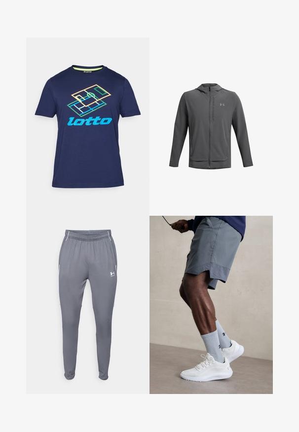 Pilkos spalvos užtrauktuku užsegamas džemperis su kapuci, pagamintas iš lengvos medžiagos. Yra "Under Armour" logotipas ir dvi priekinės kišenės. Lygus paviršius, sportiška forma.; Tamsiai mėlyna trumpomis rankovėmis marškinėliai, pagaminti iš medvilnės, su daugiaspalviu "Lotto" logotipu ir geometriniu dizainu priekyje.; Pilkos sportinės kelnės su elastingu juosmeniu, šoninėmis kišenėmis ir baltais akcentais. Pagamintos iš lygios, lengvos medžiagos.; Balti sportiniai bateliai su tekstūruotu tinkleliu viršuje, derinami su šviesiai mėlynomis ribotomis kojinėmis su logotipu. Pilki sportiniai šortai su perforuota apdaila.