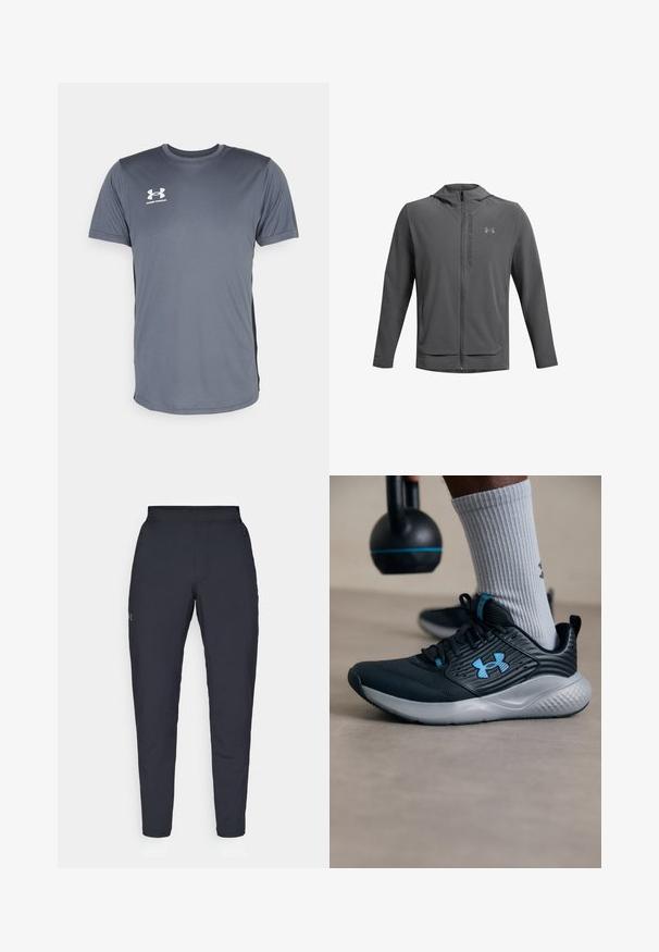 Giacca zip-up grigia con cappuccio, realizzata in materiale leggero. Presenta il logo Under Armour e due tasche frontali. Tessuto liscio, vestibilità sportiva.; T-shirt sportivo grigio con maniche corte. Presenta un collo rotondo e un logo bianco Under Armour sul lato sinistro del petto. Texture liscia.; Pantaloni sportivi neri con una texture liscia, vestibilità slim, vita elastica e tasche laterali. Presentano un piccolo logo sulla coscia sinistra.; Scarpone sportivo nero con accenti blu, tomaia testurizzata e suola grigia. Indossato con calzini grigi a costine, accanto a un kettlebell nero.