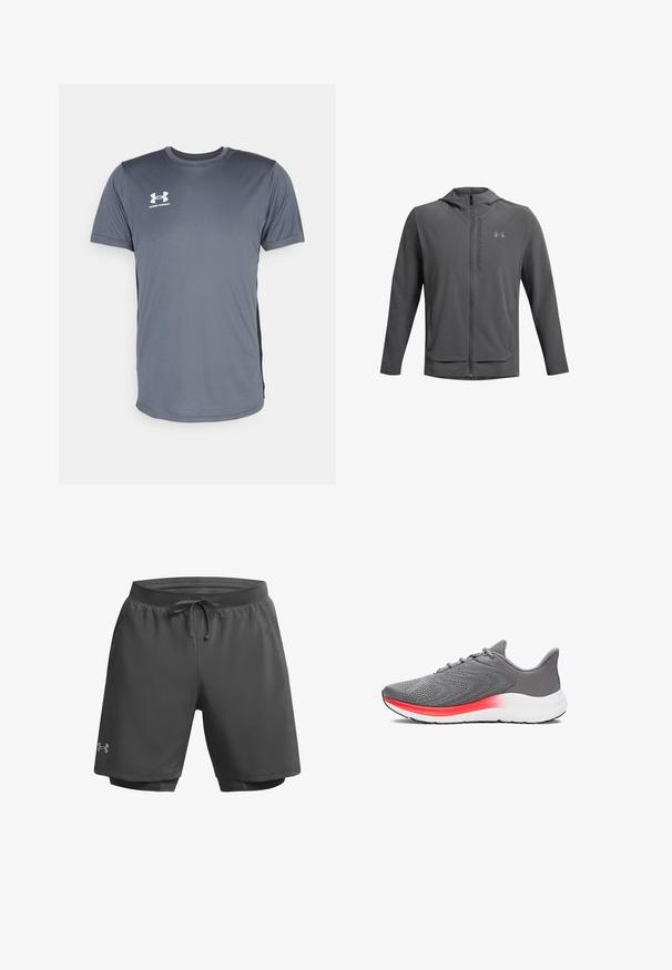 Šedá zipová bunda s kapucí, vyrobená z lehkého materiálu. Obsahuje logo Under Armour a dvě přední kapsy. Hladká textura, sportovní fit.; Šedé atletické tričko s krátkými rukávy. Má kulatý výstřih a bílé logo Under Armour na přední levé části hrudi. Hladká textura.; Tmavě šedé sportovní šortky s elastickým pasem, nastavitelnou šňůrkou a vnitřním síťovinovým podšívkou; na levé noze se nachází diskrétní branding.; Šedá běžecká obuv s prodyšným síťovým svrškem, výrazným červeným akcentem na mezipodešvi a polstrovanou bílou podrážkou pro pohodlí.