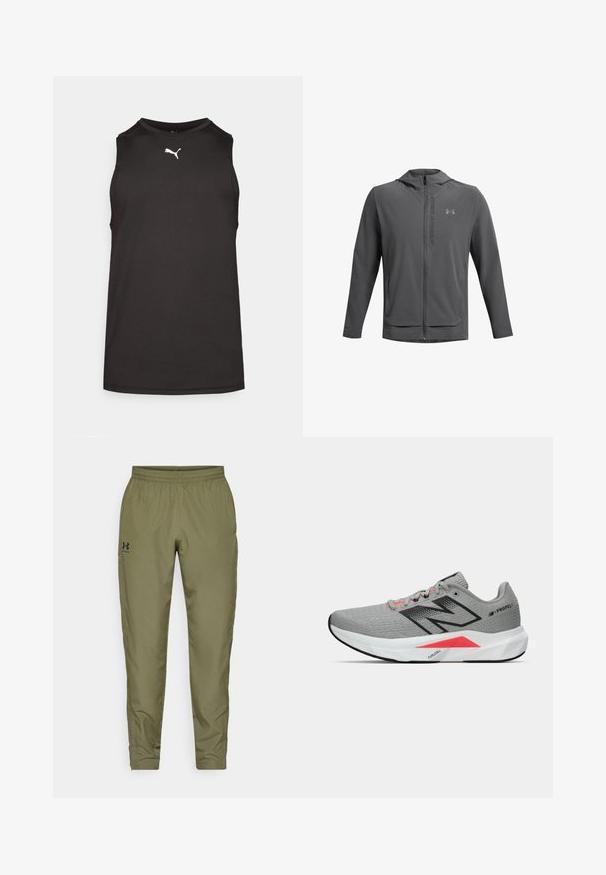 Chaqueta gris con cremallera y capucha, hecha de material ligero. Cuenta con el logo de Under Armour y dos bolsillos frontales. Textura suave, corte atlético.; Camiseta atlética sin mangas negra, hecha de tela suave, con cuello redondo y logo blanco en el pecho. Diseño ligero.; Pantalones deportivos verde oliva con cintura elástica, patas ajustadas, una textura suave y un pequeño logo negro en el lado izquierdo.; Zapatilla deportiva gris con parte superior de malla texturizada, acentos negros, detalles en rosa y una suela blanca acolchada que presenta un diseño triangular distintivo.