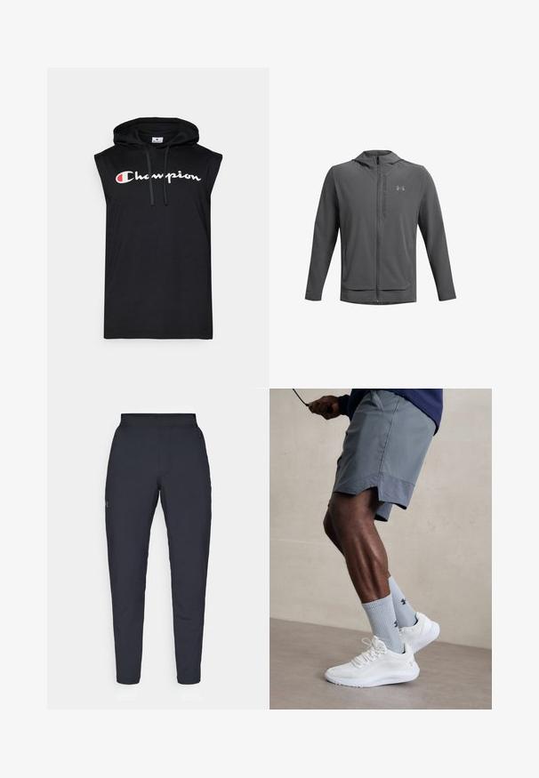 Hallharu tõmblukuga jakk, millel on kapuuts ja mis on valmistatud kerge materjali tõttu. Omab Under Armouri logo ja kahte esi-taskut. Sujuv tekstuur, sportlik lõige.; Musthave mustata ilma varrukatega kapuutsiga, mille esiküljel on tasku. Rinnas on valge ja punane "Champion" logo. Valmistatud pehmest kangast.; Mustad mustreid spordipüksid, millel on sile tekstuur, kitsas lõige, elastne vöökoht ja küljetaskud. Vasakule reiele on tikandatud väike logo.; Valged spordijalatsid tekstuurse võrguga pealispinnaga, millele on lisatud helesinised ribakujulised sokid logoga. Hallid spordilühikesed püksid, millel on perforeeritud ääred.