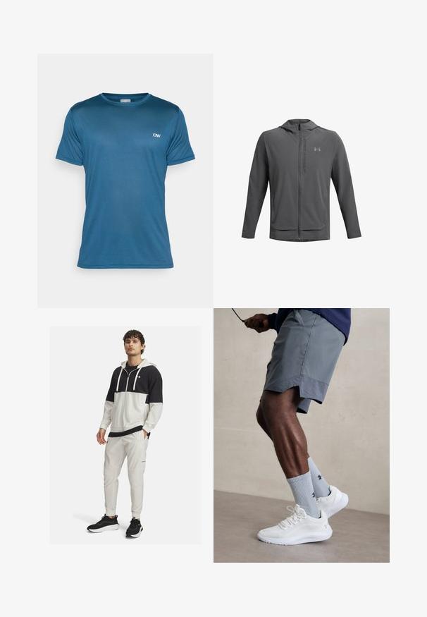 Szara kurtka zapinana na zamek z kapturem, wykonana z lekkiego materiału. Oferuje logo Under Armour oraz dwie przednie kieszenie. Gładka tekstura, sportowy krój.; Niebieska, krótko rękawowa koszulka sportowa z teksturowanej tkaniny i okrągłym dekoltem; posiada małe logo na górnej lewej stronie.; Czarna i biała sportowa kurtka z kapturem zapinana na zamek; w zestawieniu z białymi dresami z kieszeniami i elastycznymi mankietami; czarne sneakersy.; Białe buty sportowe z teksturowaną siateczkową cholewką, zestawione z jasnoniebieskimi skarpetkami prążkowanymi z logo. Szare szorty sportowe z perforowanym wykończeniem.