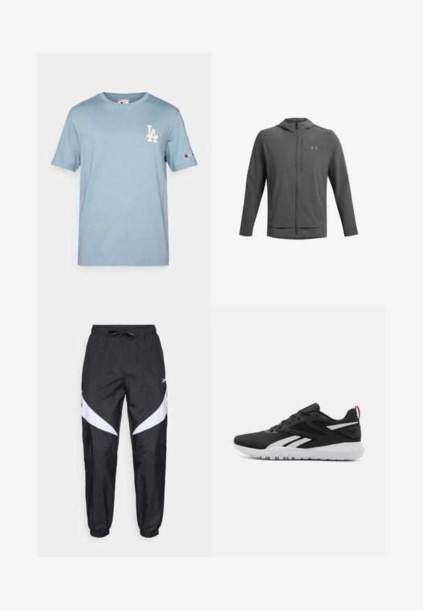 Hallharu tõmblukuga jakk, millel on kapuuts ja mis on valmistatud kerge materjali tõttu. Omab Under Armouri logo ja kahte esi-taskut. Sujuv tekstuur, sportlik lõige.; Hele sinine puuvillane T-särk lühikeste varrukatega, ümmarguse kaeluses, rinnal broderitud "LA" logo ja varrukal Championi logo.; Mustad mustoahaised spordipüksid, mis on valmistatud tekstuursest kangast, lõuendiga vöökoht, valged diagonaalsed aktsendid külgedel ja elastsed mansetid.; Mustad mustat spordijalatsid, millel on sissetõmmatav pealis, valged detailid, tekstureeritud talla ja punane kandmisosa lisadetailideks.