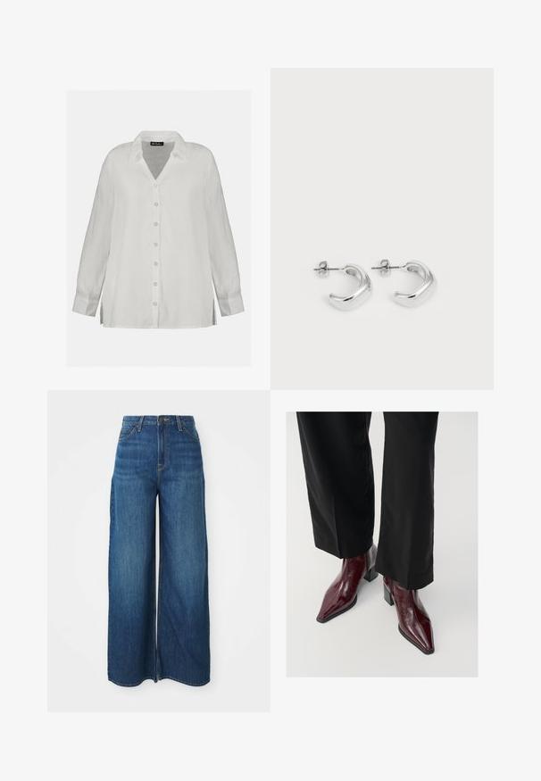 Brown cropped leather jacket with pointed collar, front zipper closure, and two vertical zippered side pockets.; White linen button-up shirt, featuring a V-neckline, long sleeves, and a relaxed fit with side slits. Smooth texture and classic design.; High-waisted wide-leg blue denim jeans with front pockets, belt loops, button closure, and visible stitching on a white background.; Burgundy patent leather ankle boots with a pointed toe, chunky heel, and textured finish, paired with black wide-leg trousers.; Silver hoop earrings with a smooth, polished finish. Round shape with a slightly curved design and blended edges. Pin back closure.