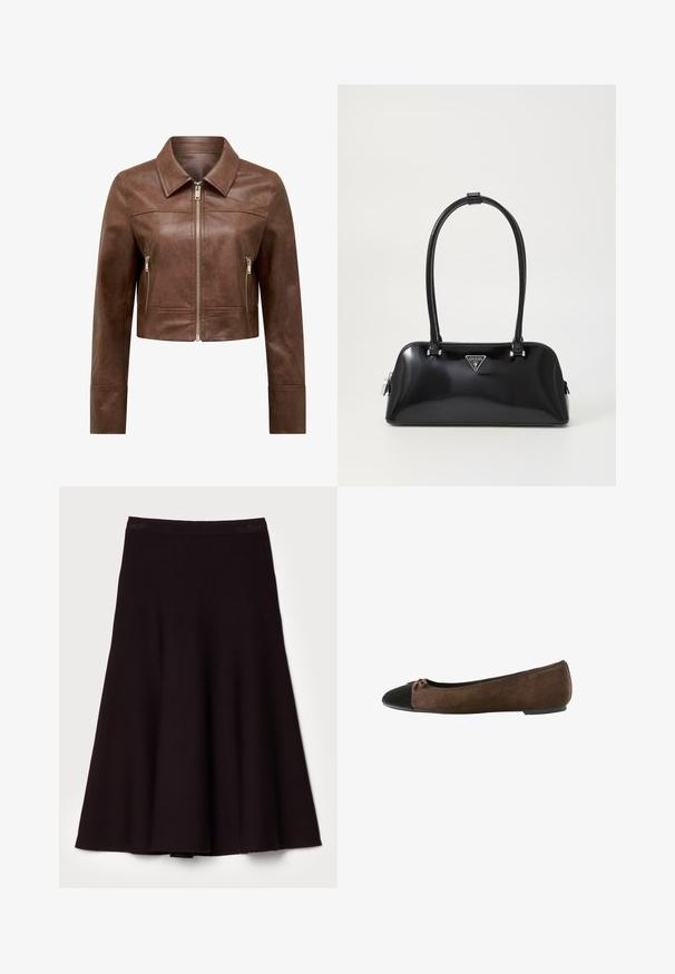 Chaqueta de cuero marrón cortada con collar puntiagudo, cierre frontal de cremallera y dos bolsillos laterales con cremallera vertical.; Top sin mangas de color marrón oscuro, hecho de una tela suave. Presenta un escote redondo y una textura lisa, sin patrones ni acentos visibles.; Falda negra acampanada hecha de una tela suave, con una cinturilla lisa y un diseño fluido en forma de A, con un dobladillo a la altura de la rodilla.; Bailarina de ante marrón con puntera negra y pequeño lazo decorativo, tacón bajo y ribete elástico alrededor de la abertura.; Bolso de mano negro brillante con una silueta curva, dos asas y una placa de logo en la parte frontal. Cierre de cremallera y acentos de hardware brillante.; Pendientes de aro de plata con un acabado suave y pulido. Forma redonda con un diseño ligeramente curvado y bordes suaves. Cierre de pin.
