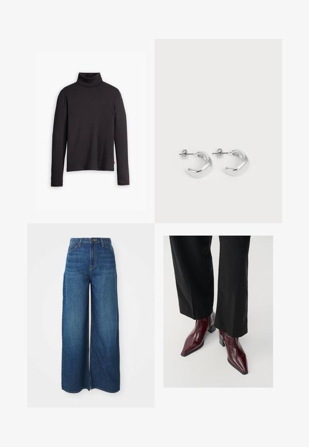 Brązowa krótka skórzana kurtka z ostro zakończonym kołnierzem, z przednim zapięciem na zamek błyskawiczny oraz dwiema pionowymi kieszeniami na zamek po bokach.; Czarny sweter z golfem, w prążki, z długimi rękawami i dopasowanym krojem. Miękka tekstura, delikatny stretch i metka po jednej stronie.; Jeansy z kolorze niebieskim, o wysokim stanie i szerokich nogawkach, z kieszeniami z przodu, szlufkami na pasek, zapięciem na guzik i widocznym przeszyciem na białym tle.; Bordowe lakierowane botki za kostkę z ostro zakończonym noskiem, masywnym obcasem i teksturowanym wykończeniem, w zestawieniu z czarnymi spodniami o szerokich nogawkach.; Srebrne kolczyki w kształcie obręczy z gładkim, wypolerowanym wykończeniem. Okrągły kształt z lekko zakrzywionym wzornictwem i zaokrąglonymi krawędziami. Zapięcie na szpilkę.