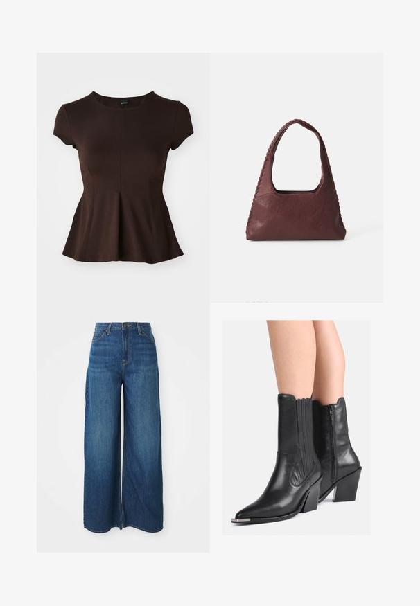 Hnědá zkrácená kožená bunda s špičatým límcem, předním zipem a dvěma vertikálními bočními kapsami na zip.; Hnědý top s krátkým rukávem a kulatým výstřihem, s rozšířeným lemem a hladkou texturou látky, navržený pro přiléhavý siluetu.; Modré denimové kalhoty s vysokým pasem a širokými nohavicemi, s předními kapsami, poutky na pásek, zapínáním na knoflík a viditelným švem na bílém pozadí.; Černé kožené kozačky do půli lýtek s špičatou špičkou, vrstvenými podpatky, bočním zipem a dekorativním prošíváním nošené na holých nohách.; Burgundská kožená kabelka trojúhelníkového tvaru, s otevřeným topem a tkaným detailem podél rukojeti. Hladký povrch s matným finišem.; Stříbrné kruhové náušnice s hladkým, leštěným povrchem. Kulatý tvar s mírně zakřiveným designem a spojenými okraji. Uzávěr na kolík.