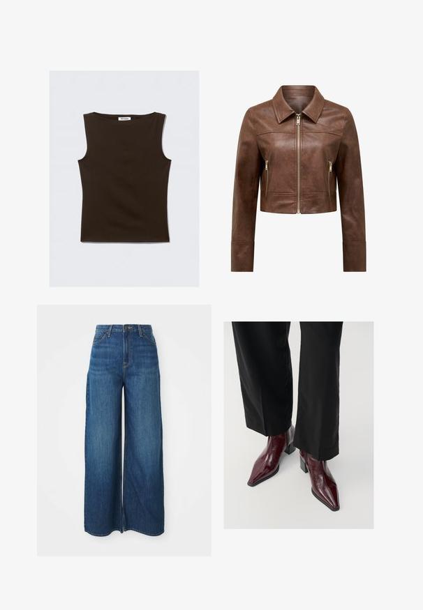 Ruskea lyhyt nahkatakki, jossa on terävä kaulus, edessä vetoketjusuljenta ja kaksi pystysuoraa vetoketjullista sivutaskua.; Ruskea hihaton toppi, joka on valmistettu joustavasta kankaasta. Siinä on pyöreä pääntie ja tiukka muotoilu siisteillä reunoilla. Tunnuksessa lukee "WEEKDAY."; Korkea vyötärö laaja reisinen sininen farkkuhousut, joissa etutaskut, vyölenkit, napitus ja näkyvät tikkausvalot valkoisella taustalla.; Burgundy ki patta jutoan de aalu dekhaun wale ikhyaab metallic puri aundu te kalli kadee pant tiyang diyan chajh ki te jugi hoyi bun ghar ki thegel bnaoun.