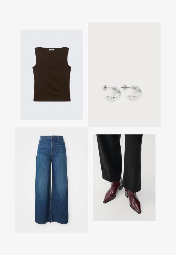 Chaqueta de cuero marrón cortada con collar puntiagudo, cierre frontal de cremallera y dos bolsillos laterales con cremallera vertical.; Top sin mangas marrón, fabricado con un material elástico. Presenta un escote redondo y un diseño ajustado con acabados limpios. La etiqueta dice "WEEKDAY."; Pantalones vaqueros de cintura alta y pierna ancha de mezclilla azul con bolsillos frontales, cinturoneras, cierre de botón y costuras visibles sobre un fondo blanco.; Botas de tobillo de charol burdeos con punta afilada, tacón grueso y acabado texturizado, combinadas con pantalones de pierna ancha negros.; Pendientes de aro de plata con un acabado suave y pulido. Forma redonda con un diseño ligeramente curvado y bordes suaves. Cierre de pin.