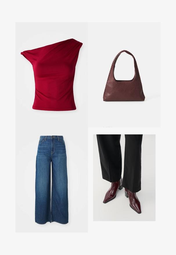 Giubbotto di pelle marrone cropped con colletto a punta, chiusura frontale con zip e due tasche laterali con zip verticali.; Top bordeaux a spalla unica realizzato in tessuto elasticizzato, caratterizzato da dettagli drappeggiati e una silhouette aderente, con un orlo liscio e senza cuciture.; Jeans in denim blu a vita alta e gamba larga, con tasche frontali, passanti per cintura, chiusura a bottone e cuciture visibili su uno sfondo bianco.; Stivaletti in pelle verniciata bordeaux con punta affusolata, tacco grosso e finitura texturizzata, abbinati a pantaloni neri a gamba larga.; Borsa in pelle bordeaux con forma triangolare, apertura superiore e dettaglio intrecciato lungo il manico. Texture liscia con finitura opaca.; Orecchini a cerchio in argento con una finitura liscia e lucida. Forma rotonda con un design leggermente curvato e bordi sfumati. Chiusura a perno.