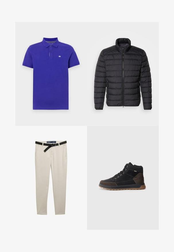 Fekete puffernadrág magas gallérral, vízszintes steppelt mintával, elülső cipzáras záródással és oldalsó zsebekkel. Simára kidolgozott szövettextúra.; Sötét lila pamut póló, két gombos nyakkal, rövid ujjakkal és egy apró logóval a bal mellrészen. Puha tapintású.; Beige, slim fit nadrág, fekete övvel, két elülső zsebbel és textúrált anyagból készült. Méret: 32 x 32.; Férfi magas szárú sportcipők fekete és barna színben. Bőrből és szintetikus anyagokból készült, textúrált felsőrésszel, fűzőkkel és gumitalppal.