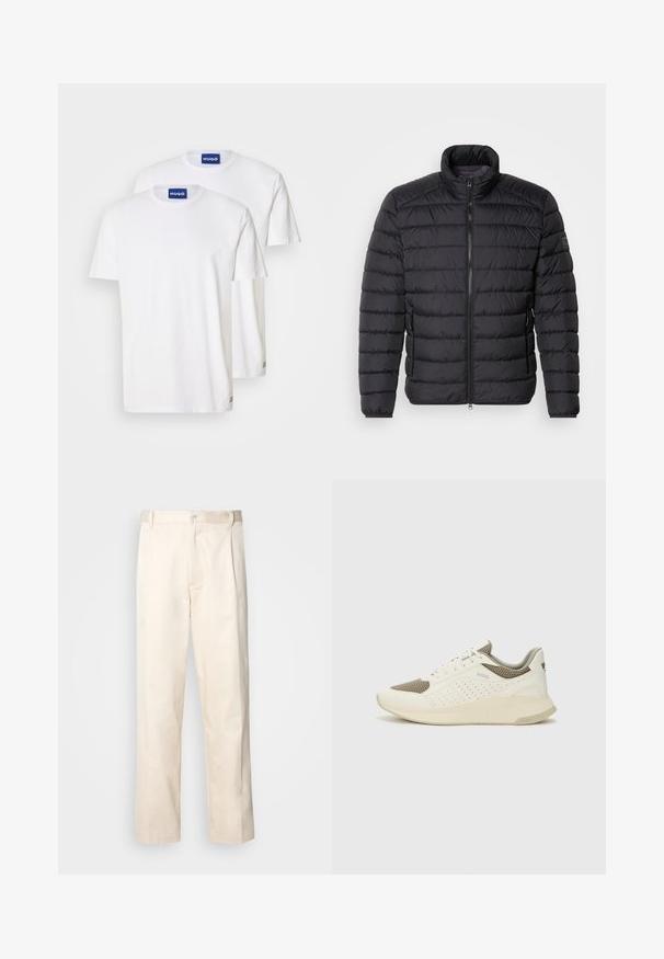 Melnā pūkaini jaka ar augstu apkakli, horizontālu kvadrātu rakstu, priekšējo rāvējslēdzēju un sānu kabatām. Gluda auduma tekstūra.; Baltas kokvilnas T-kreklos ar apaļu kakla izgriezumu un īsām piedurknēm, uz kuriem uzkrāsoti zili "HUGO" uzlīmes uz kakla un mazi akcenti uz apakšmalas.; Bežā krāsā auduma bikses ar taisnu kāju griezumu, pievienotām pogu aizdares un priekšējiem krokām papildu detaļām.; Baltas un gaiši bež sporta apavi, ar sieta augšdaļu, perforētiem detaļām un teksturētu vidusdaļu ar zīmolu uz papēža.
