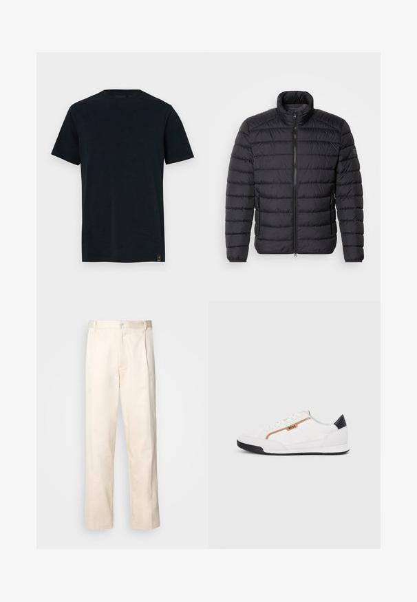Černá péřová bunda s vysokým límcem, horizontálním prošívaným vzorem, předním zipem a bočními kapsami. Hladká textilie.; Černé bavlněné tričko s kulatým výstřihem, krátkými rukávy a diskrétním logem na dolním levém okraji. Hladká textura s klasickým střihem.; Bežové bavlněné kalhoty se střihy rovného nohavice, s knoflíkovým zapínáním a záhyby vpředu pro zvýraznění detailu.; Bílé sportovní boty s akcenty z meshe a kůže. Mají zlaté logo "BOSS", texturované boční panely a černý podpatek. Gumová podrážka.