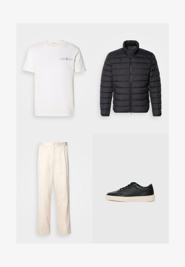Geacă puf de culoare neagră, cu guler înalt, model matlasat orizontal, închidere frontală cu fermoar și buzunare laterale. Textură de țesătură fină.; Tricou alb din bumbac, cu guler rotund, mâneci scurte și un logo imprimer. Prezintă un design minimalist și o croială lejeră.; Pantaloni din bumbac bej, cu croială dreaptă, dotati cu închidere cu nasture și pliuri în față pentru un plus de detaliu.; Sneaker din piele neagră, cu vârf jos, cu șireturi negre și talpă de un alb murdar, prezentat în profil lateral, pe un fundal alb.