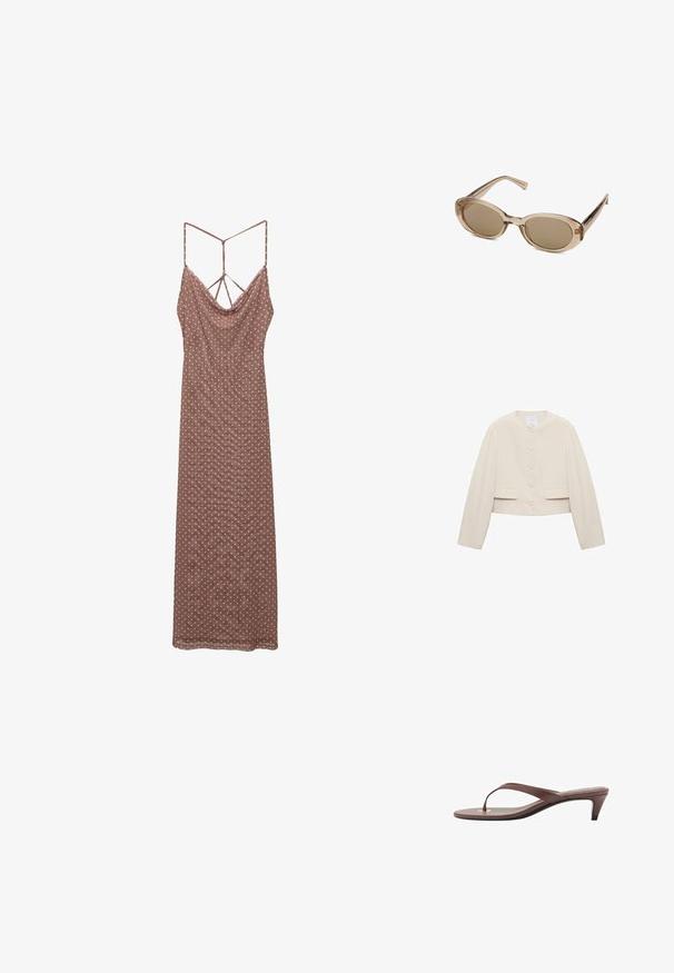 Korte jas van beige stof; ronde halslijn, sluiting met zes knopen aan de voorkant, twee voorzakken, lange mouwen, minimalistisch design.; Bruine jurk met polkadots, voorzien van een gedrapeerde halslijn, dunne bandjes en een strappy rugontwerp, gemaakt van een lichte stof.; Bruine hakken flip-flop sandaal met een slanke band en ronde teenpost, met een kleine gouden accent op de voetbed.; Zonnebril met een transparante beige montuur, ovale lenzen en slanke pootjes. Beschikt over lichtbruine getinte lenzen en minimale branding.; Beige nylon schoudertas met een zachte textuur, gerimpelde zijkanten en een verstelbare schouderriem. Voorzien van een ritsluiting en subtiele logo-opdruk.