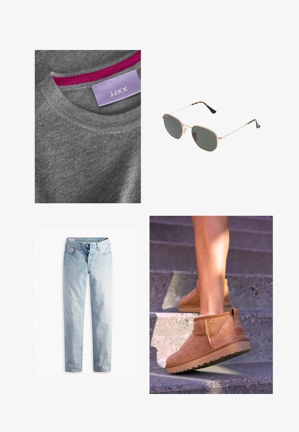 Jachetă scurtă din țesătură bej; guler rotund, închidere frontală cu șase nasturi, două buzunare frontale, mâneci lungi, design minimalist.; Pulover tricotat gri cu guler rotund cu nervuri. Accesoriu roz pe interiorul gulerului. Eticheta vizibilă cu "JJXX" pe un fundal violet deschis.; Jeans din denim de culoare albastru deschis, cu croială dreaptă, două buzunare frontale și două buzunare spate. Include un sistem de închidere cu două butoane și coasere subtile.; Botine bej din suede cu o textură moale, detalii cusute și o talpă din cauciuc, având un călcâi cu buclă pentru o utilizare ușoară.; Ochelari de soare cu ramă din metal auriu și lentile de culoare verde închis, stil aviator, cu brațe subțiri și accente din fâscă pe vârfuri.; Lauren Ralph Lauren PEBBLED LEATHER SMALL TANNER SATCHEL - Geantă de mână - camel