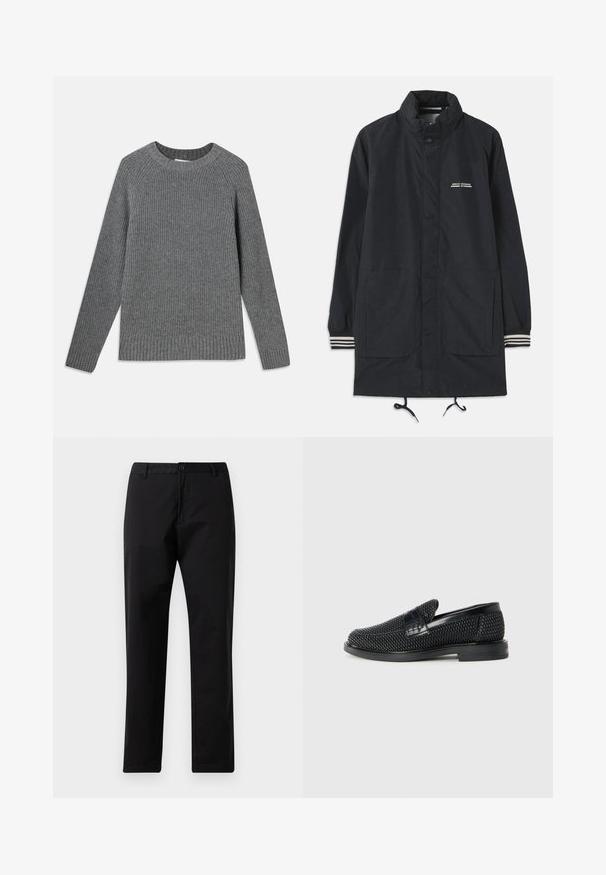 Marineblauwe waterdichte jas met een hoge kraag, drukknoopsluiting, twee zakken aan de voorkant en gestreepte manchetten. Verstelbare trekkoord aan de onderkant. Tekstlogo op de borst.; Grijze geribbelde trui met lange mouwen, ronde halslijn en gestructureerde stof. Heeft geribbelde boorden bij de mouwen en aan de onderkant.; Zwarte rechte broek met knoop- en ritssluiting, riemlussen en steekzakken, weergegeven op een witte achtergrond.; Zwartegeweven instap schoenen met een glad leren accent aan de bovenkant, een ronde neusontwerp en een laag profiel rubberen zool.