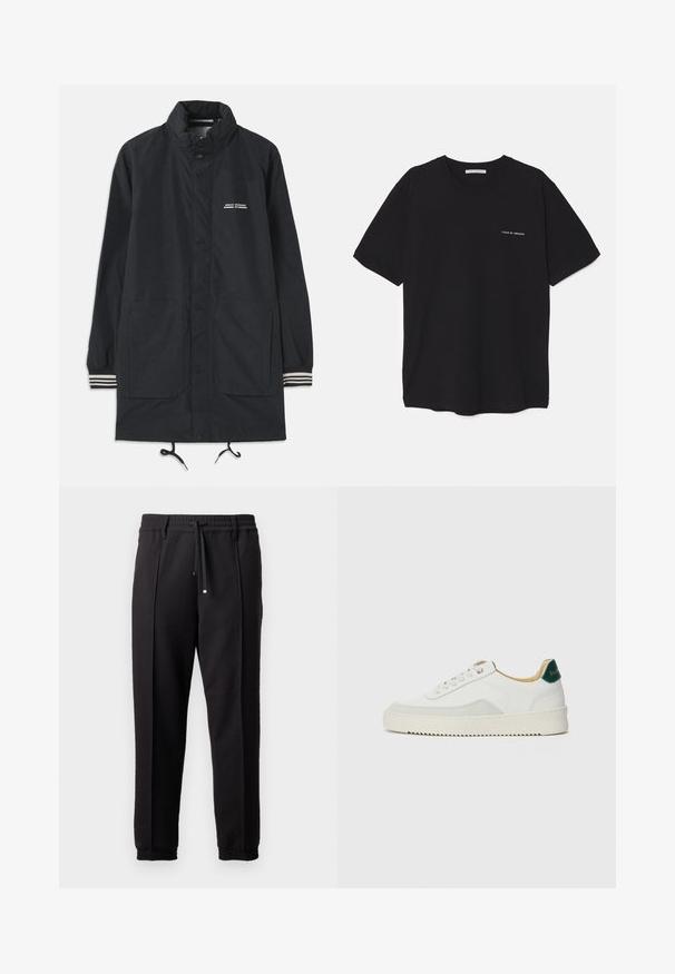 Casaco impermeável azul-marinho com colarinho alto, botões de pressão, dois bolsos frontais e punhos riscada. Cordão ajustável na bainha. Logótipo em texto no peito.; T-shirt preta de algodão com gola redonda, mangas curtas e impressão de logó tipo branca no lado esquerdo do peito. Design simples, de cor sólida.; Calças pretas com uma cinta na cintura, cordão ajustável e punhos elásticos. Apresenta pregas e um tecido liso e texturizado.; Tênis brancos com detalhes em camurça, bico arredondado, atacadores planos e sola de borracha creme. Apresenta uma marcação verde no calcanhar.