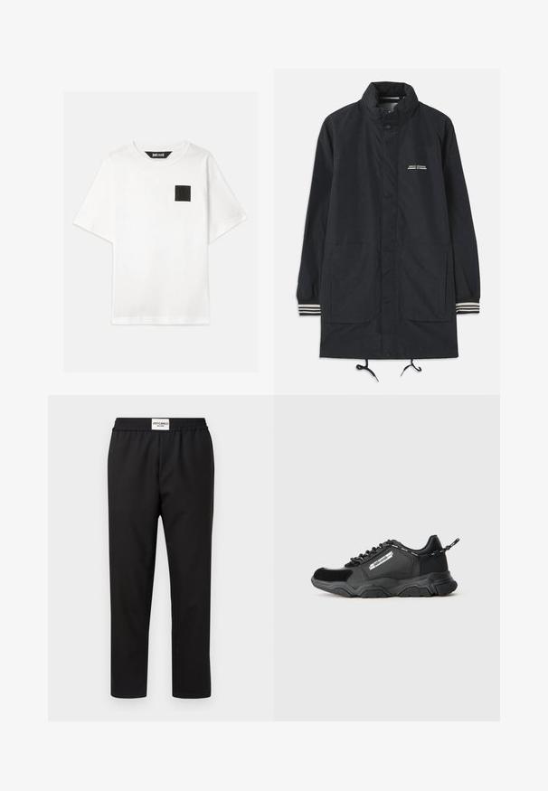 Námorná nepremokavá bunda s vysokým golierom, cvokmi, dvoma prednými vreckami a pruhovanými manžetami. Nastaviteľná šnúrka na dolnom okraji. Textové logo na hrudi.; Biely bavlnený tričko s krátkymi rukávmi, s čiernym štvorcovým logom na ľavej hrudi. Okrúhly výstrih, voľný strih.; Čierne nohavice s elastickým pásom. Vyrobené z hladkej, ľahkej tkaniny. Majú rovný strih a minimálne detaily.; Čierne športové tenisky s hrubou podrážkou, zmiešané materiály, bočný panel s logom, šnurovanie a nalievacia pútko na päte.