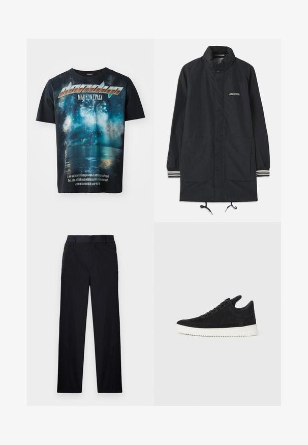 Granatowa wodoodporna kurtka z wysokim kołnierzem, zatrzaskami, dwiema przednimi kieszeniami i striped mankietami. Regulowany sznurek w dolnej części. Tekstowy logo na klatce piersiowej.; Czarna bawełniana koszulka z grafiką przedstawiającą fajerwerki nad wodą, z napisem "Wyprodukowano we Włoszech" oraz białym cytatem na dole.; Czarne spodnie wykonane z lekkiego, teksturowanego materiału, o prostym kroju, z elastycznym paskiem i bocznymi kieszeniami na zamek.; Czarne zamszowe sneakersy z białą gumową podeszwą, z tonalnym przeszyciem i sznurowanym zapięciem. Gładka tekstura, nowoczesny, smukły kształt.