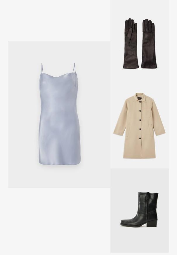 Bēša vilnas mētelis ar garām piedurknēm, pogu aizdare, viena krūšu kabata un divas sānu kabatas. Strukturēts audums un apaļa apkakles dizains.; Zīda slīdne kleita gaiši zilā krāsā ar plānām regulējamām siksniņām, gludu, elegantu tekstūru un vienkāršu siluetu.; Melna ādas potīte ar noapaļotu purngalu, bloku papēdi, sānu rāvējslēdzēju un šuvju akcentiem uz virsmas. Gluda tekstūra, klasiskā dizaina.; Weekend Max Mara SENAPE - Cimdi - nero